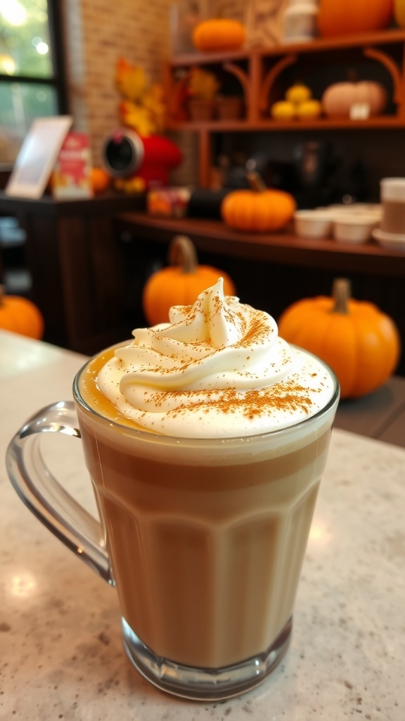A cup of pumpkin spice latte with whipped cream and cinnamon on a rustic table with autumn decorations.